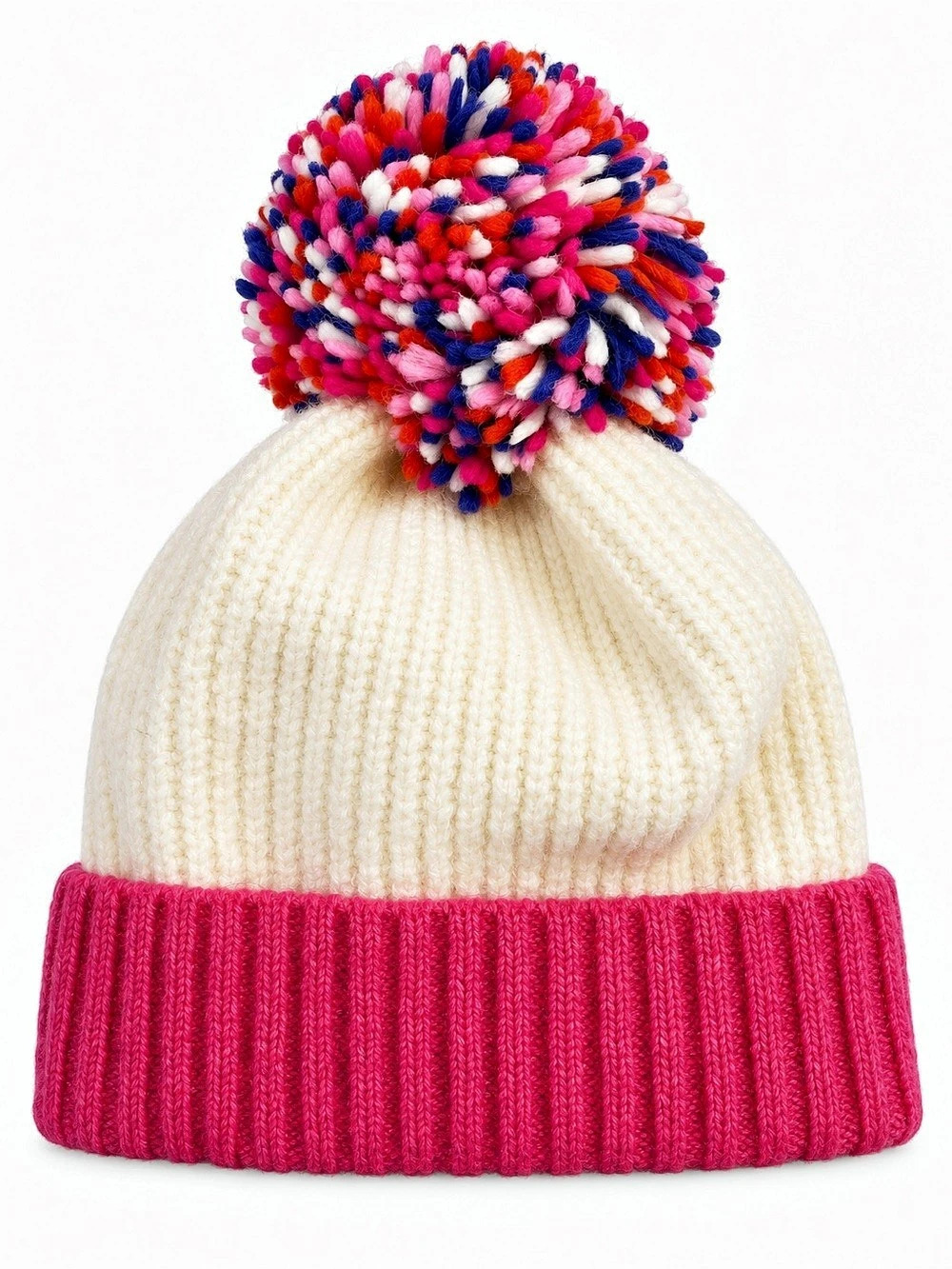 Shialea Chicago Colorblock Pom Pom Beanie Pink Cream Chunky Knit Winter Hat